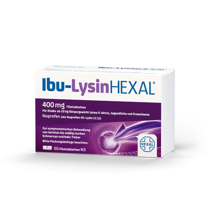 Ibu-Lysin Hexal 400 mg Filmtabletten bei Schmerzen und Fieber, 50 pc Tablettes