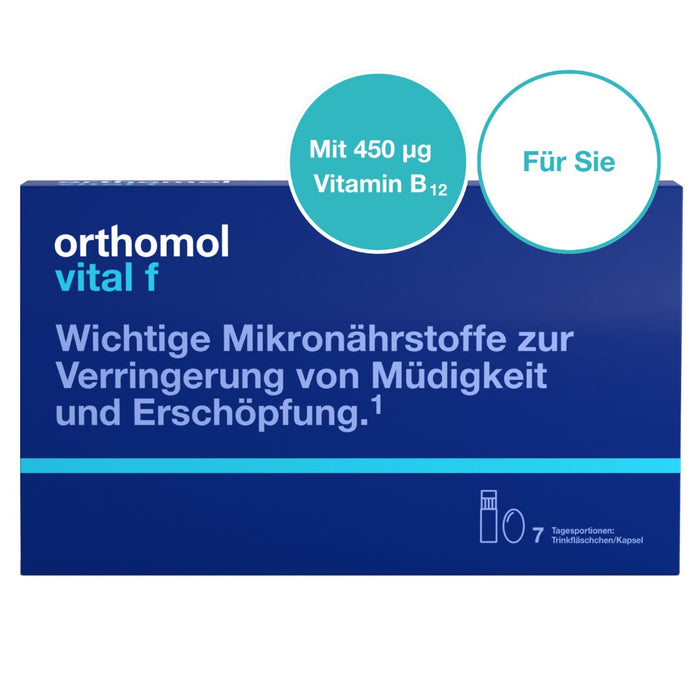 Orthomol Vital f - Mikronährstoffe für Frauen - bei Müdigkeit und Erschöpfung - mit B-Vitaminen, Omega-3-Fettsäuren und Magnesium - Trinkampullen/Kapseln, 7 pcs. Daily portions