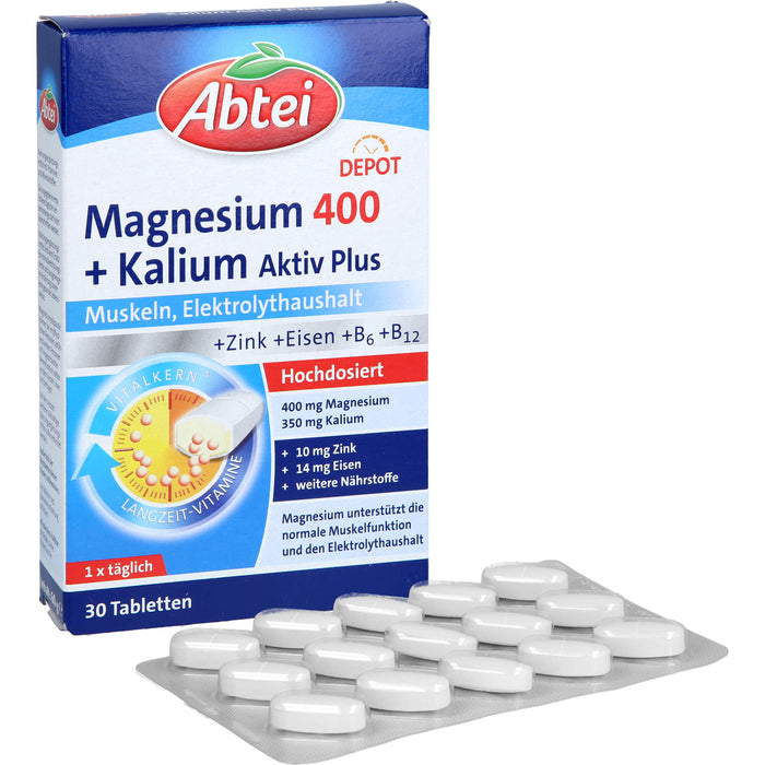 Abtei Magnesium 400 + Kalium aktiv plus Tabletten für Muskeln und Elektrolythaushalt, 30 pcs. Tablets