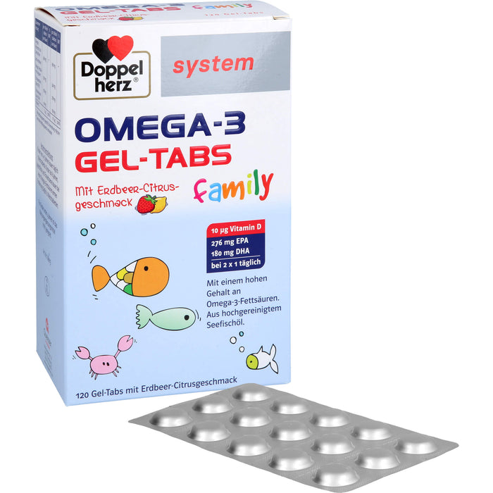 Doppelherz system Omega-3 family Gel-Tabs Erdbeer-Zitrusgeschmack, 120 St. Kautabletten