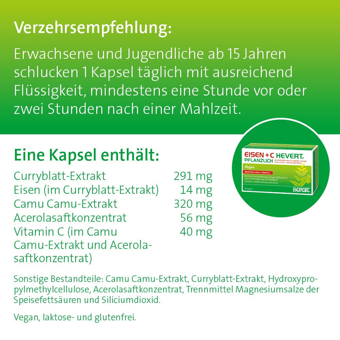 Eisen + C Hevert pflanzlich mit natürlichem Eisen und Vitamin C, 60 St. Kapseln