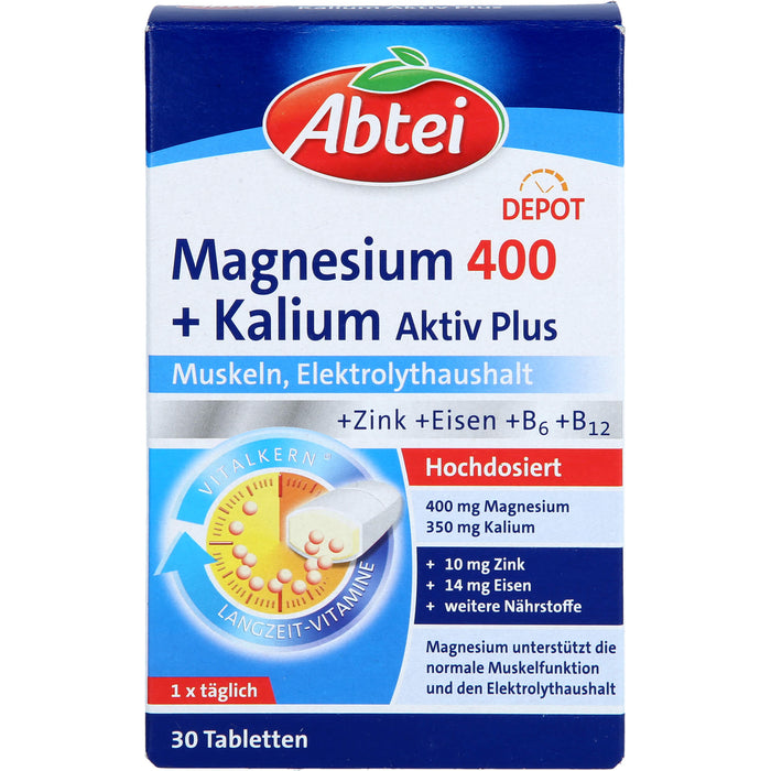 Abtei Magnesium 400 + Kalium aktiv plus Tabletten für Muskeln und Elektrolythaushalt, 30 pc Tablettes