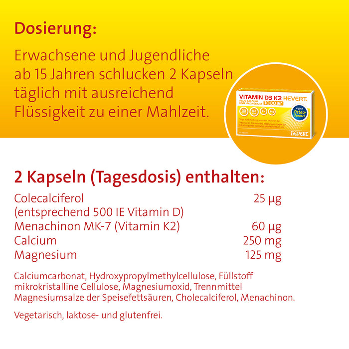 Vitamin D3 K2 Hevert plus Calcium und Magnesium 1.000 I.E. mit 4-fach Osteo-Formel für gesunde Knochen und Muskeln, 60 St. Kapseln