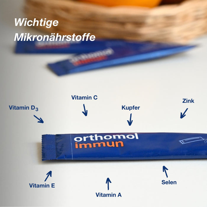Orthomol Immun - Mikronährstoffe zur Unterstützung des Immunsystems - mit Vitamin C, Vitamin D und Zink - Orangen-Geschmack - Direktgranulat, 7 pcs. Daily portions
