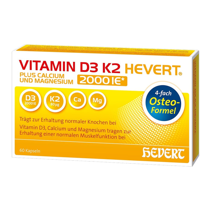 VITAMIN D3 K2 Hevert plus Ca Mg 2000 IE/2 Kapseln, 60 St. Kapseln