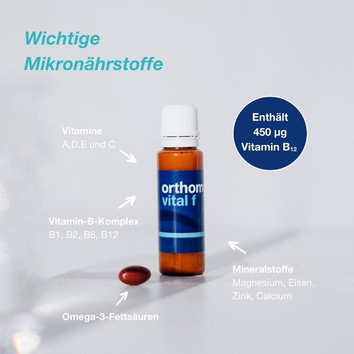 Orthomol Vital f - Mikronährstoffe für Frauen - bei Müdigkeit und Erschöpfung - mit B-Vitaminen, Omega-3-Fettsäuren und Magnesium - Trinkampullen/Kapseln, 7 pcs. Daily portions