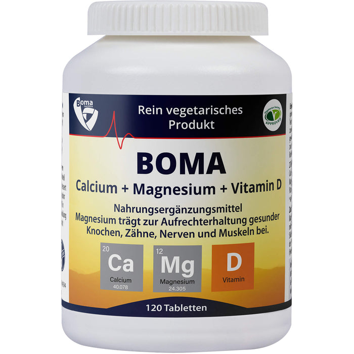 BOMA Calcium + Magnesium + Vitamin D Tabletten trägt zur Aufrechterhaltung gesunder Knochen, Zähne, Nerven und Muskeln bei, 120 pc Tablettes