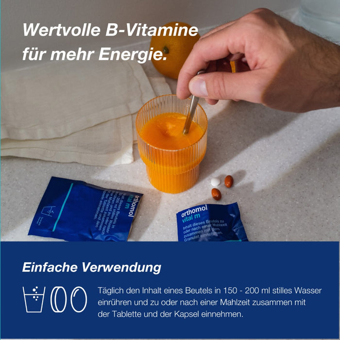 Orthomol Vital m für Männer - bei Müdigkeit - mit B-Vitaminen und Omega-3-Fettsäuren - Orangen-Geschmack - Granulat/Tabletten/Kapseln, 15 St. Tagesportionen